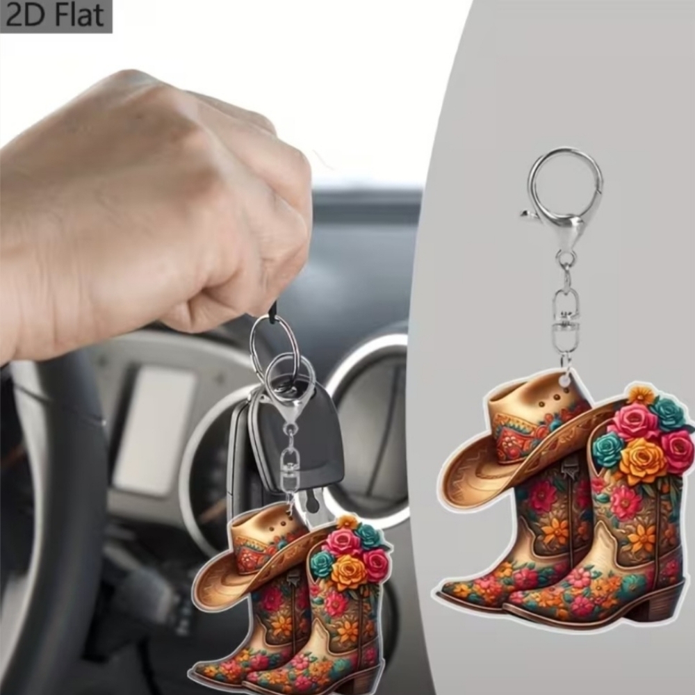 Floral Cowboy Boots and Hat Keychain - Picture 2 of 3